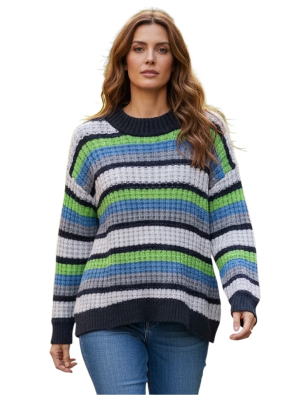 SO Women's Blue and Green Striped Sweater